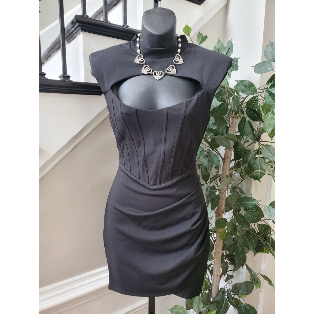 Lilly's Kloset Womens Black Polyester Mock Neck Short Sleeve Knee Length Dress M